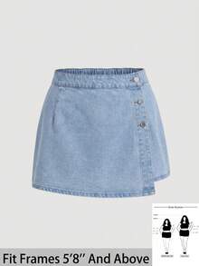 SHEIN Tall CURVE 大码女式蓝色不对称下摆牛仔迷你裙 - 淺色水洗藍 - 查看 1