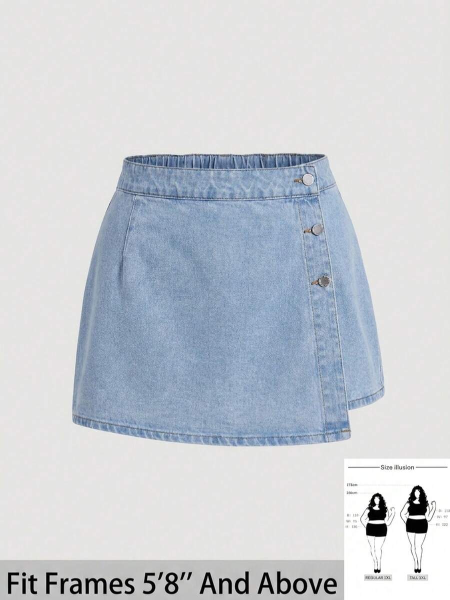 SHEIN Tall CURVE 大码女式蓝色不对称下摆牛仔迷你裙 - 淺色水洗藍 - 查看 1