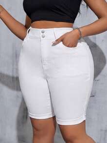 SHEIN Tall CURVE Plus Size Women White Denim Elastic Skinny Shorts - White - View 7