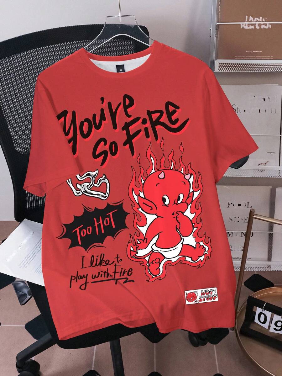 HOT STUFF X SHEIN 男士时尚街头风字母印花圆领短袖T恤“HOT STUFF” - 白色 - 查看 1