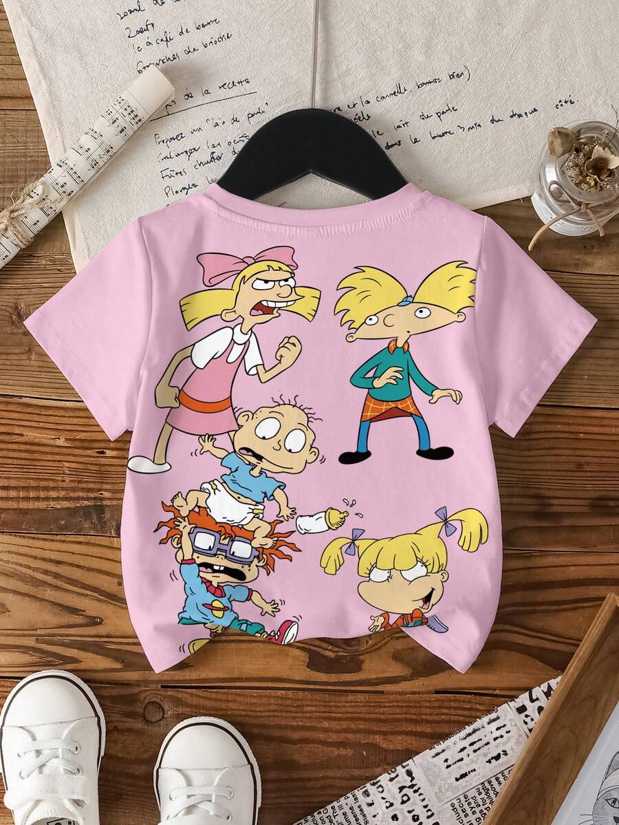 Nick 90s | SHEIN Áo thun ngắn tay in hình hoạt hình dành cho bé gái, phong cách thập niên 90. - trắng - Xem 1