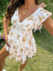 SHEIN Camiseta casual de verano con cuello en V, volantes y estampado floral para embarazadas - Amarillo - Ver 4