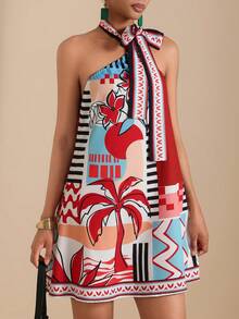 Vesra Women's Halter Neck Printed Short Dress - Red - View 5