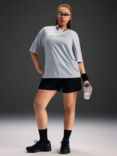 Powerista 女士加大码圆领字母印花休闲百搭日常穿着及运动短袖T恤