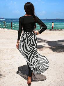 Swim Shayni 3pcs Set: Solid Color Long Sleeve Top, Long Pants And Mesh Cover-Up Swimwear For Young Middle Eastern Women - Black and White - View 2