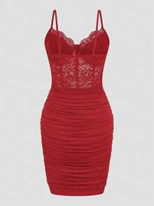 EMERY ROSE Elegant Sexy Lace Ruched Slip Dress For Women Club Night Dark Red Summer - Red - View 2