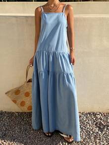 Livesso Women's Blue Backless Spaghetti Strap Dress, Casual Vacation Beach Style, Spring & Summer - Blue - View 2