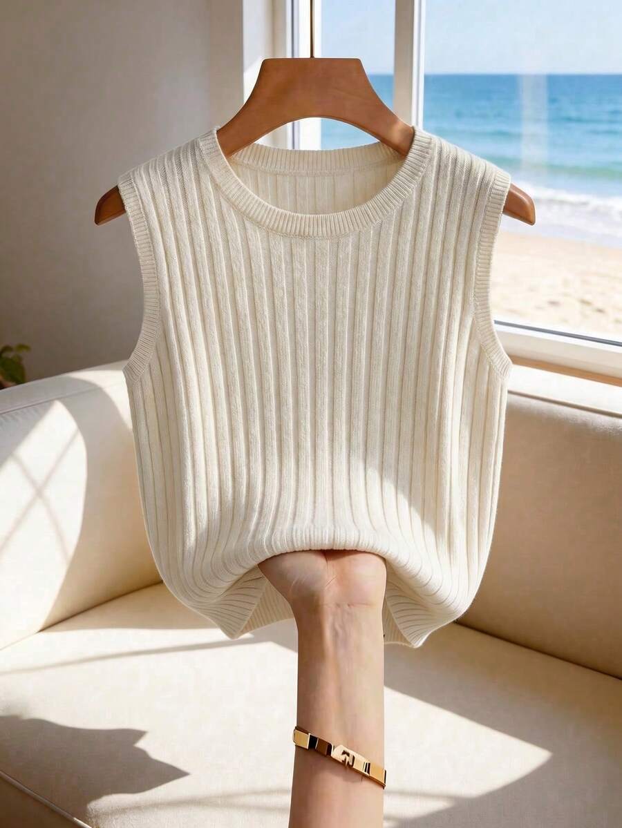 SHEIN Franclia Áo khoác không tay dệt kim gân sọc kiểu Hàn Quốc tối giản, màu kem, dáng rộng, thoải mái, đa năng, cổ chữ V, thanh lịch, phù hợp mặc hàng ngày/công sở, phong cách Pháp thư giãn, quyến rũ tối giản, áo dệt kim đơn giản hiện đại dành cho nữ đi làm. - Màu be - Xem 1