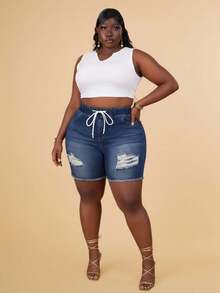 CurvyTilda Shorts De Mezclilla Para Talla Grande Con Cordón Y Efecto Desgastado, Adecuados Para Uso Diario - Azul lavado oscuro - Ver 5