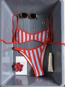 Swim Mod New Striped Tie-Front Print Halter Backless Bikini, Beach Vacation Swimsuit - Red - View 1