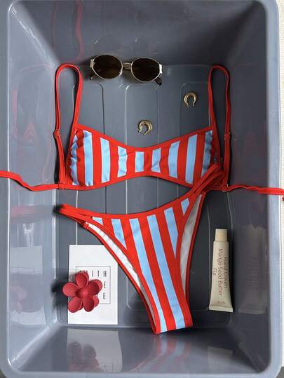 Swim Mod Nuovo bikini a righe con laccetti frontali, stampa, schiena scoperta, abbigliamento da spiaggia per vacanze