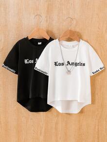 SHEIN 2件装男童休闲舒适时尚简约实用百搭字母和徽章印花短前长后圆领运动短袖T恤，适合夏季度假、旅行、休闲、日光浴等场合。 - 彩色 - 查看 4
