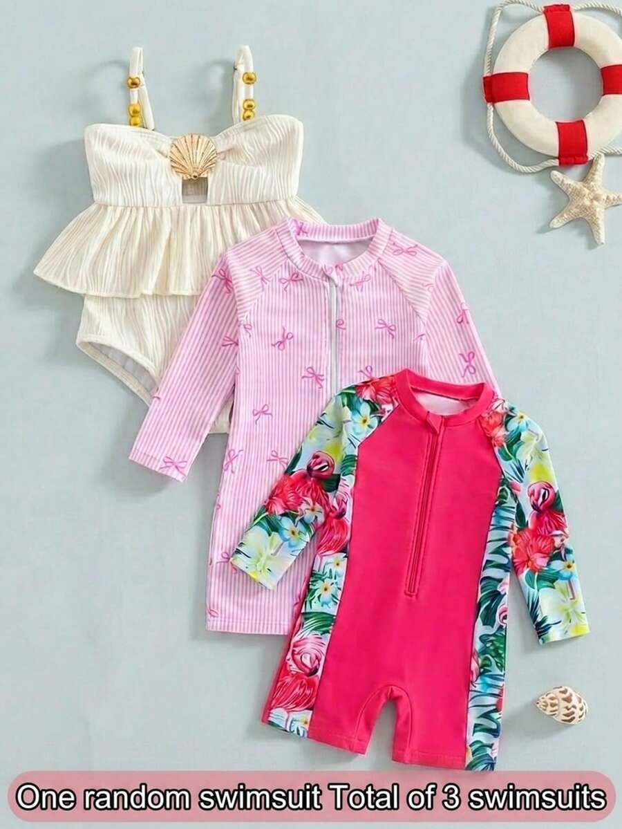SHEIN Baby Girls' Beachwear Swimsuit,Pink Tropical Plant Patchwork Long Sleeve Rash Guard With Zipper And Ruffle Hem,Summer Holiday One-Piece (1Random Set) - Red - View 1