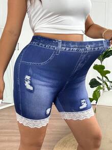 SHEIN Frenchy Quần short dáng ôm, phối ren, hiệu ứng denim, cỡ lớn. - Nhiều màu - Xem 3