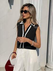 Pariaura Women's Color Block Single-Breasted Casual Sexy Versatile Daily Wear Shirt Golf White Summer - Black - View 5