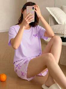 2件套少女甜美可爱优雅简约时尚新款紫色蝴蝶结圆领短袖上衣和配套紫色条纹蝴蝶结短裤休闲舒适睡衣 - 淡紫色 - 查看 6