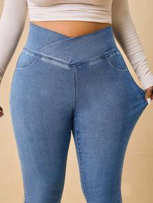 SHEIN Tall CURVE Plus Size Casual Washed Slim Fit Jeans Formal Light Blue Summer - Light Wash - View 6
