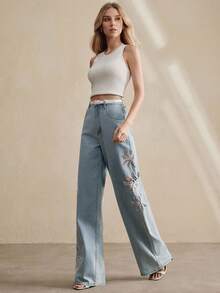 Anewsta Women's Fashionable Luxurious Sexy Hollow Embroidered Romantic Party Vacation Blue Straight Leg Jeans, Spring/Summer - Blue - View 3