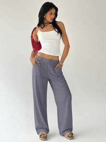 Easelle Women's Solid Color Button Casual Versatile Wide Leg Pants For Daily Wear - Light Grey - View 5