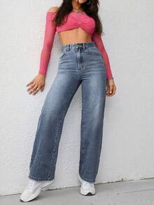 Jeanoix Plus Size Women Casual High Street Daily Commute Versatile Straight Leg Jeans Occasion Blue Summer - Medium Wash - View 6