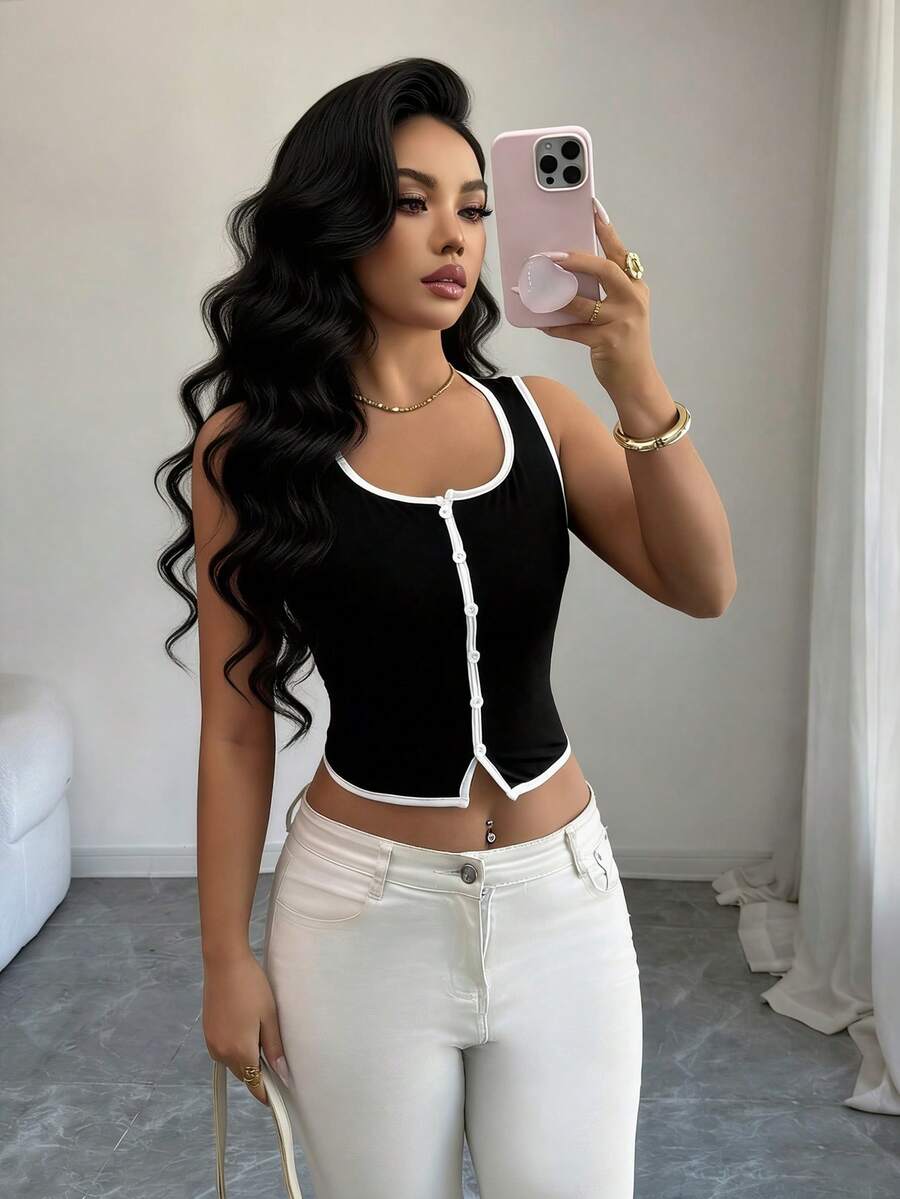 SHEIN PETITE Áo ba lỗ không tay màu đen trắng dành cho nữ, cài cúc phía trước, dáng ôm, kiểu áo croptop. - Đen và trắng - Xem 1