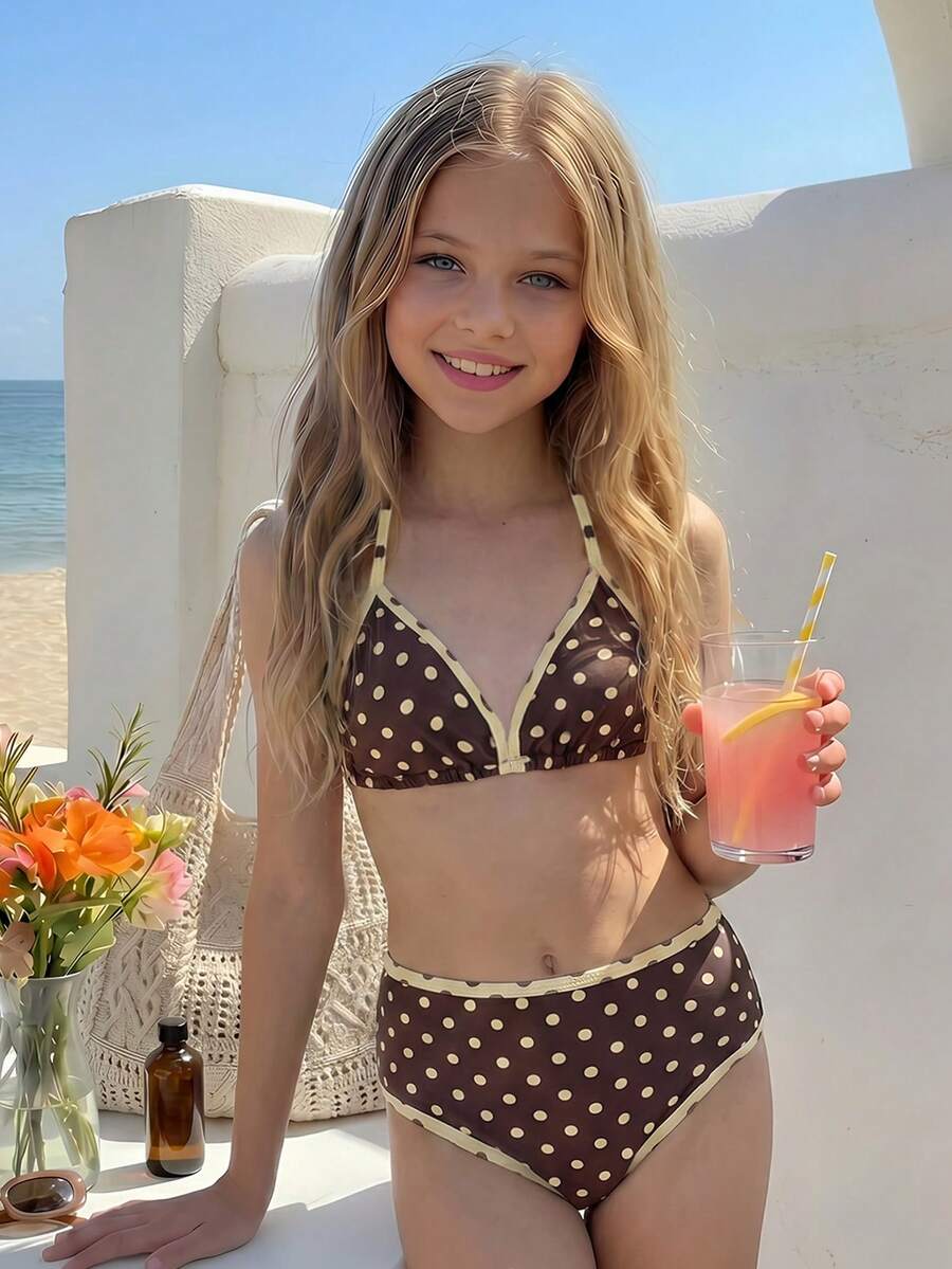 SHEIN Tween Girl Summer Beach Polka Dot Halter Tie Bikini And Triangle Panty Swimsuit Set - Multicolor - View 1