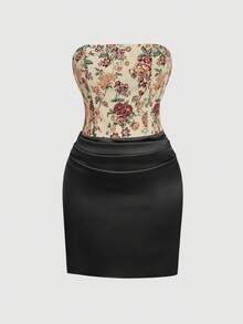 SHEIN MOD Plus Size Deep Champagne Color Jacquard Patchwork Bandeau Bodycon Dress, Spring/Summer Resort Dress, Holiday Party Outfit - Black - View 5