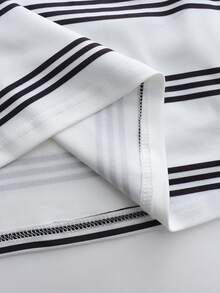 Everyssa Women's Short Sleeve Half-Zip Casual Striped T-Shirt And Shorts 2 Pieces Set, Versatile For Summer - Black and White - View 5