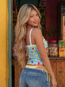 ROMWE Avant Top ajustado de mujer con estampado de frutas tropicales, sandía, piña, encaje y calado - Multicolor - Ver 2