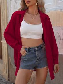 EMERY ROSE Solid Color Long Sleeve Loose Casual Summer Versatile Shirt - Burgundy - View 4