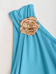 Sweetra Vestido mini con fruncido y decoración metálica de unicolor, elegante para citas - Azul - Ver 4
