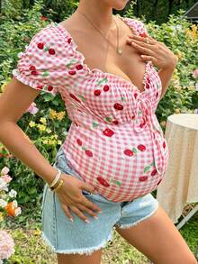 SHEIN 孕妇格子樱桃印花系带休闲连体裤，适合日常穿着 - 粉色 - 查看 3