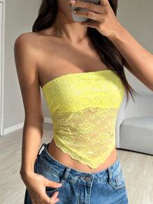 SHEIN EZwear 黄色蕾丝拼接不对称下摆性感露肩短款背心，春夏款 - 黃色 - 查看 4