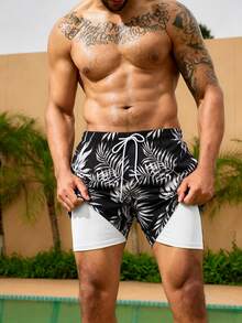 Manfinity Swimmode Plus Size Men's Botanical Print Beach Shorts - Black - View 5