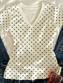 SHEIN Women's Polka Dot Print V-Neck Fitted Short Sleeve T-Shirt - Multicolor - View 3