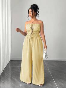 SHEIN Tall CURVE 大码女式条纹褶皱休闲日常连体裤 - 卡其色 - 查看 5