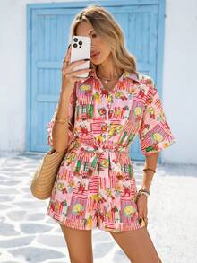 Vivid Eden Bộ jumpsuit nữ cài cúc phía trước, in họa tiết toàn thân, thắt nơ phía trước, kiểu dáng thường ngày, thích hợp cho kỳ nghỉ, váy maxi đi nghỉ mát, trang phục đi biển, quần áo đi nghỉ mát vùng nhiệt đới cho nữ, trang phục mùa hè cho nữ, mặc hàng ngày, thường ngày. - Hồng - Xem 6