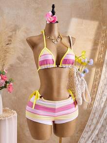 Bellisia Conjunto de traje de baño de mujer con rayas de color contrastante - Multicolor - Ver 4