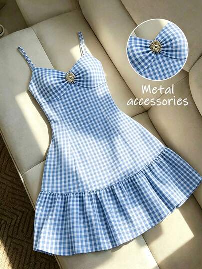 SHEIN Franclia Summer Women's Casual Vacation Fashion Minimalist Versatile Plaid Metal Decor Strap Dress