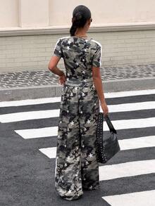 Muchica 女士灰色迷彩印花两件套运动服，夏季街头风都市休闲度假休闲装，Y2K都市学院风运动套装 - 彩色 - 查看 2
