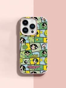 THE POWERPUFF GIRLS X SHEIN 飞天小女警毛毛绿色卡通拼贴印花粉色边框米色皮革纹理手机壳，防震防摔全包保护套，适用于iPhone 16/15/14/13/12 Pro Max Plus，Y2K复古美学可爱少女风ins风高档手机壳 - 彩色 - 查看 5