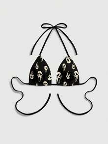 ROMWE Gothic Dark Horror Scream Mystery Black Spaghetti Strap Lace-Up Bow Tie Camisole For Women - Black - View 1