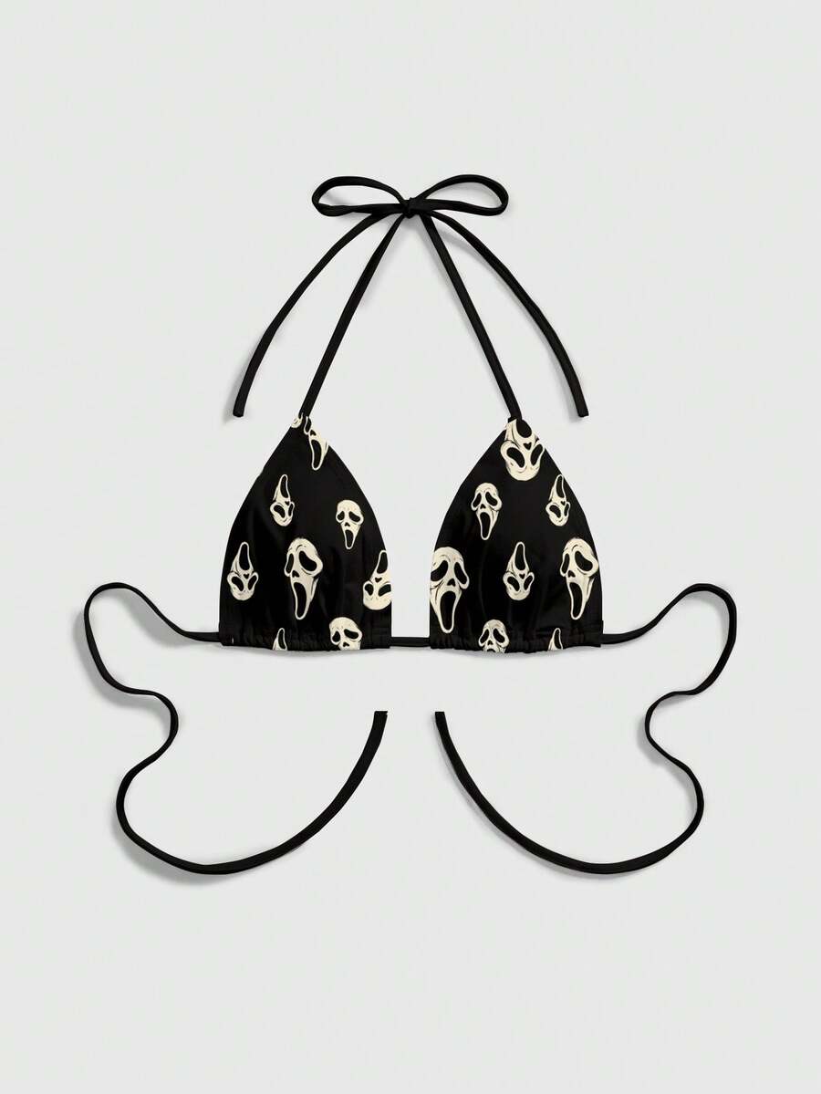 ROMWE Gothic Dark Horror Scream Mystery Black Spaghetti Strap Lace-Up Bow Tie Camisole For Women - Black - View 1