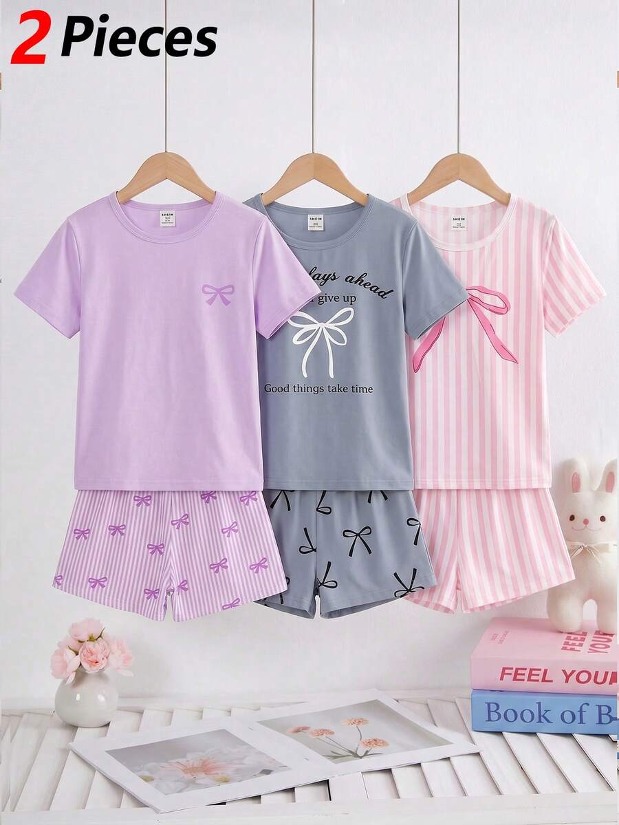 2件套少女甜美可爱优雅简约时尚新款紫色蝴蝶结圆领短袖上衣和配套紫色条纹蝴蝶结短裤休闲舒适睡衣