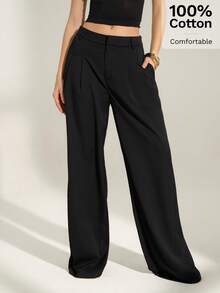SHEIN Tall 100%纯棉优雅纯色宽松阔腿褶裥裤，高腰商务休闲职业办公服饰，时尚修身女士工作裤 - 黑色 - 查看 6