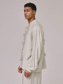 Musero Relaxed Fit Long Sleeve Dropped Shoulder Oriental Style Neckline Tie Front Shirt Spring Summer Holiday Essentials - Grey - View 3