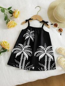 SHEIN Playful Pals 1件女嬰花卉印花連身褲 0-3歲 舒適梭織面料 黑白配色 夏季可愛海灘度假休閒細肩帶蝴蝶結裝飾 - 黑色 - 查看 3