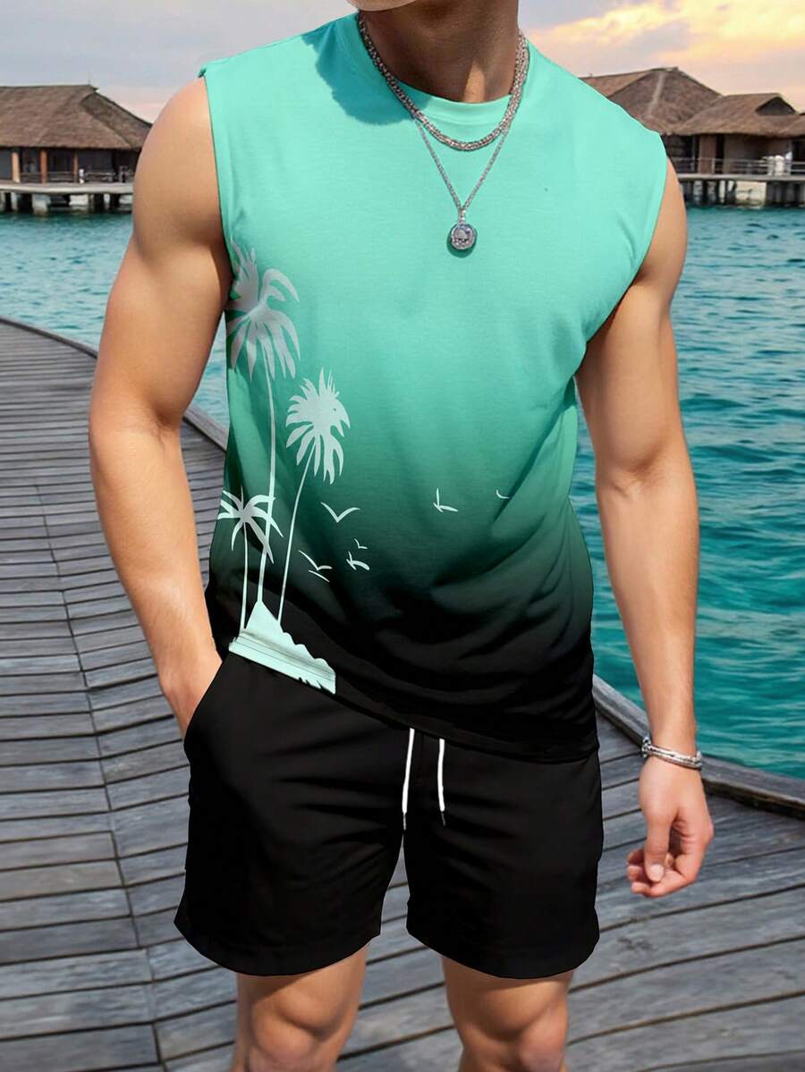 Genlund 男士棕榈树印花背心和短裤休闲套装,适合度假穿着 - 彩色 - 查看 1