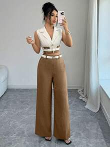 SHEIN Elenzya 女款優雅通勤風無袖對比色短版西裝外套與直筒長褲套裝 (女性)，辦公室商務專業穿搭，教師服裝，通勤休閒穿著 棕色夏季 - 卡其色 - 查看 5