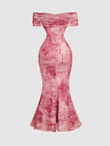 MOD Elegante vestido de fiesta de cola de sirena en color burdeos con textura y hombros descubiertos - Rosa 3 - Ver 2